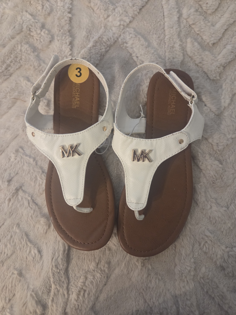 Michael Kors Kids White and Brown MK T-Strap Sandals Flip Flot Slides Size 3